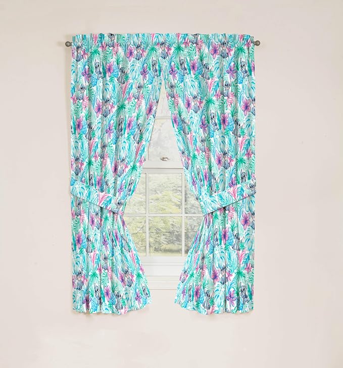 Jay Franco Window Curtains for Kids Bedroom 4-Piece Drape Set with 2 Tiebacks, Blue - Lilo & Stitch, 42" W x 63" L (Pack of 2)