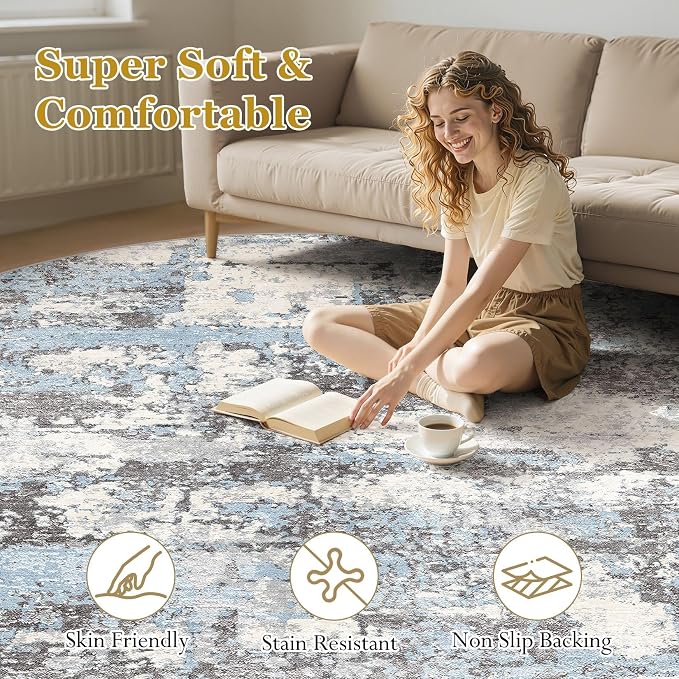 Area Rugs for Living Room: 12x12 Abstract Washable Rug Modern Neutral Large Soft Stain Resistant Non-Slip Backing Machine Table for Bedroom Dining Room Indoor Home Office Carpet - Blue Grey