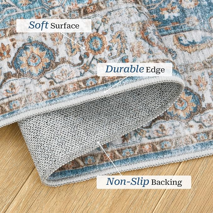 Madane Washable Runner Rugs 2x12 Long for Hallway Kitchen Soft, Navy | Non-Slip Vintage Printed 12ft Rug Runners with Rubber Backing, Low-Pile Floor Carpet Laundry Room Entryway, Corridor