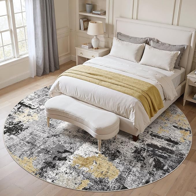 Abstract 10FT Round Rug: Machine Washable Non Slip Ultra Thin Low-Pile Carpet, Soft Stain Resistant for Living Dining Room Bedroom, Kid Pet Friendly, Robot Vacuum Compatible - Black Gold