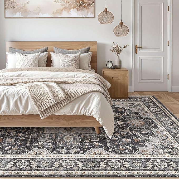 Vintage Living Room Area Rug 5x7 - Large Soft Washable Oriental Traditional Distressed Farmhouse Rugs for Bedroom - Indoor Floor Accent Carpet for Home Office House Decor - Black