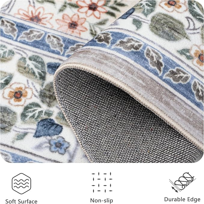 6FT Round Area Rugs, Machine Washable Low Pile Floral Rugs for Living Room, Bedroom, Large Boho Area Rug with Non-Slip Backing for Dining Room(Beige Floral)