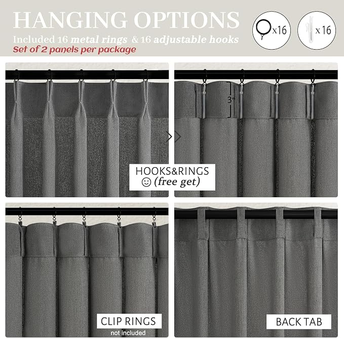 Natural Linen Semi Sheer Ceiling Curtains 102 Inches Long 2 Panels for Patio Sliding Glass Door, Dark Grey Luxury Pinch Pleat Living Room Light Filtering Curtain with Track System Burg Decor 40Wx102L