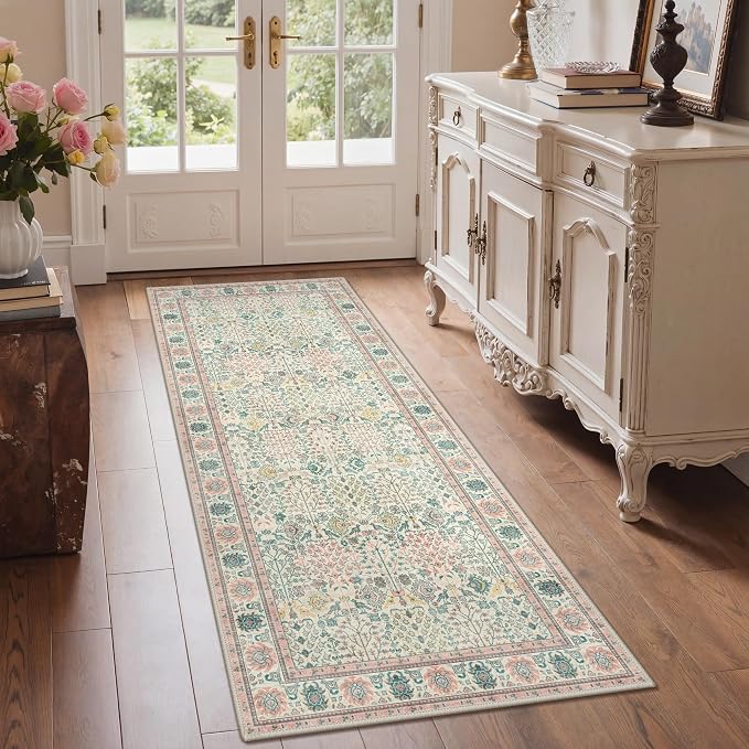 Bavni 2x10 Rug Runners for Hallways, Washable Runner Rug Non Slip,Vintage Floral Print Style Rugs for Bedroom-Lightweight Low Pile Carpet for Hallways Bathroom, Pink