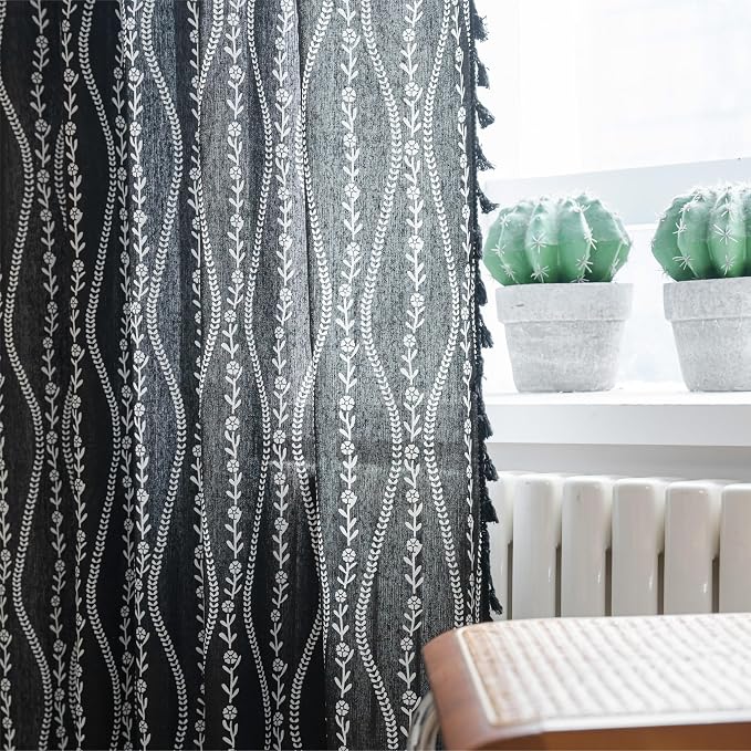 Sutuo Home Boho Curtains 63 Inches Length for Kitchen Doorway Cafe Dining Room, Stripe Floral Vintage Tassels Window Treatment Drape for Halloween Decorations Rod Pocket, 1 Panel 59" W x 63" L,Black
