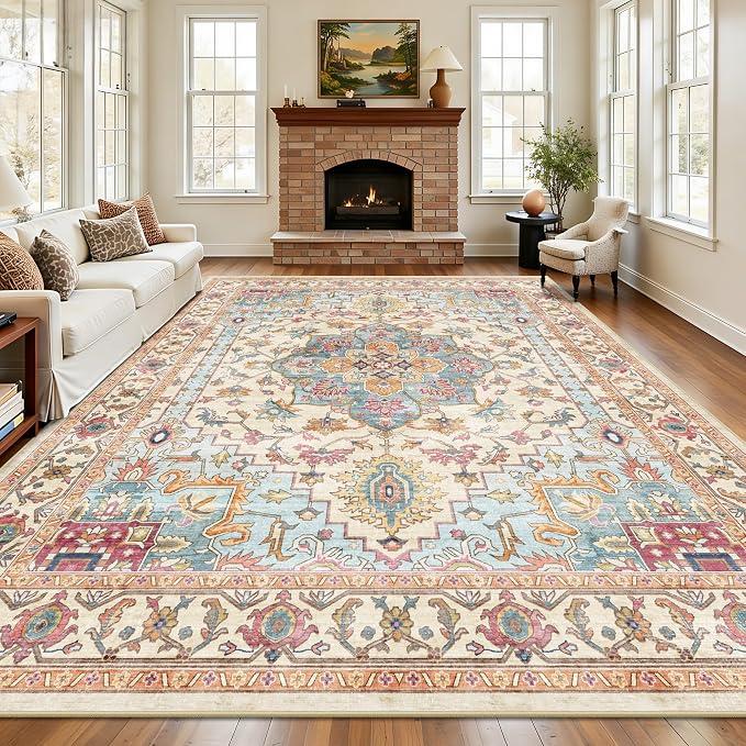 8x10 Area Rugs for Living Room - Washable Rug Vintage Distress Boho Medallion Rugs for Bedroom, Soft Non-Slip Backing Low Pile Carpet for Dining Room Office Nursery Home, Vintage Orange