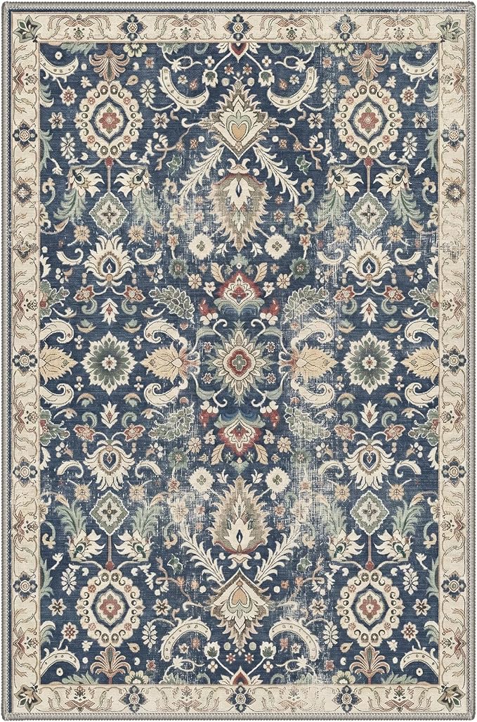 Bavni 2x3 Doormat, Machine Washable Runner Rug Non Slip, Vintage Floral Floral Rugs for Entrance, Lightweight Low Pile Carpet for Hallways Kitchen and Corridor, Muted Navy