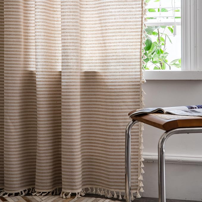 Sutuo Home Boho Curtain 84 Inches Length, Beige Stripes Print Curtain with Handmade Tassels, Rod Pocket Window Treatment Vintage Rustic Bohemian Farmhouse Drape for Bedroom 1 Panel 59" W x 84" L