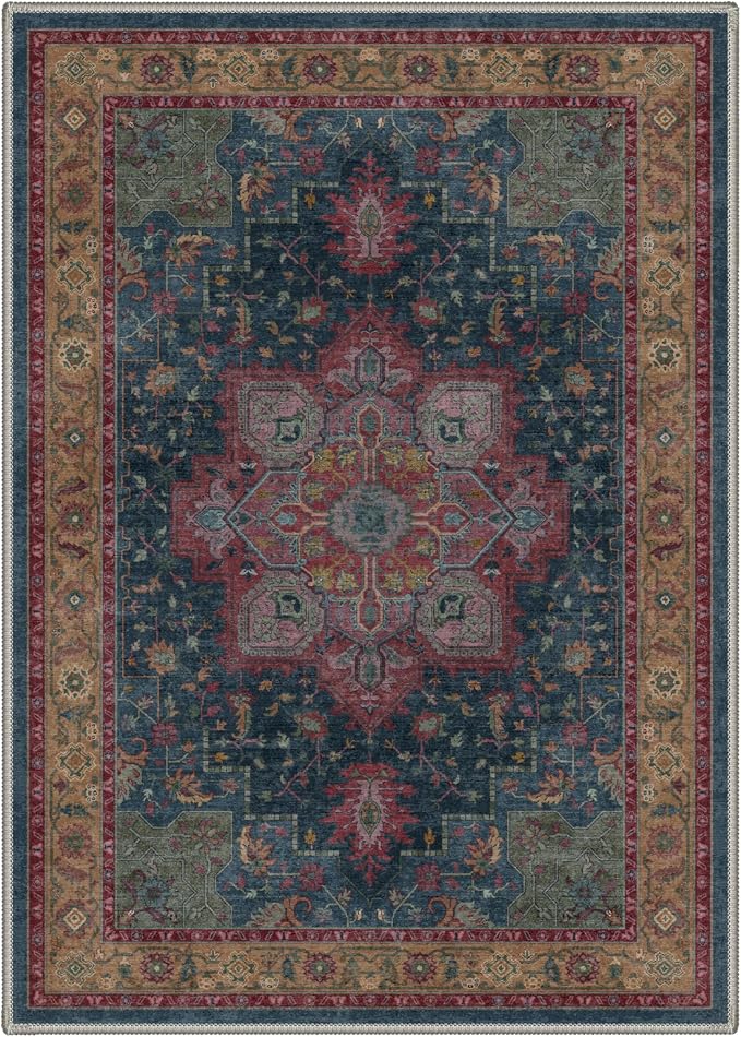 GENIMO 8x10 Area Rugs for Living Room, Machine Washable Rug, Non Slip Indoor Vintage Carpet, Low Pile Lightweight Print Carpet for Bedroom Dining Room Home Office,Teal Burgundy
