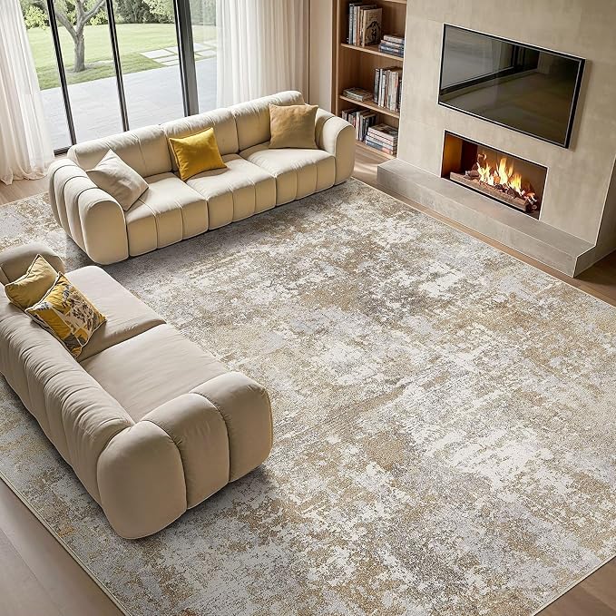 Tortania Washable 12x18 Area Rug for Living Room: Modern Abstract Neutral Large Soft Thin Rugs - Non Slip Indoor Carpet for Bedroom Dining Room Office Nursery Home Floor Decoration - Brown Grey