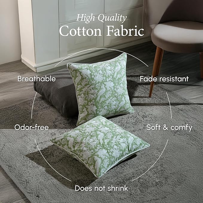 CPC 100% Cotton Throw Pillow Covers 20x20 Inch, Set of 2 Green Block Print Pattern Couch Pillow, Cute Boho Decorative Pillows for Living Room, Bedroom with Hidden Zipper- Olive Green