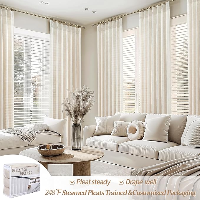 Custom Pinch Pleated 78 Inch Dining Room Curtains 2 Panels Set, Farmhouse Cream Beige Light Filtering Textured Linen Semi Sheer Curtain for Kids Room Privacy Window Thick Drapes Ivory 6-1/2 FT Length
