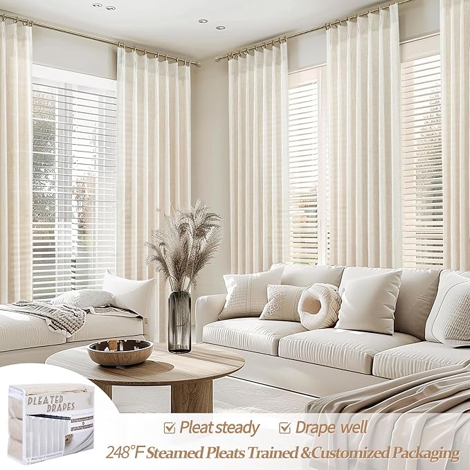 Pleated Extra Long 132 Inch Curtains for Living Room, Luxury Ivory Thick Linen Pinch Pleat Sheer Floor to Ceiling Drapes for Sliding Glass Doors 2 Panels Set Light Filtering Large Windows 11FT Curtain