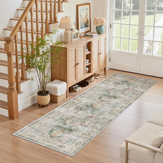 Madane Washable Runner Rug - 2x6 Rug Runners for Hallways 6 Feet Non Slip Vintage Kitchen Runner Rug Ultra-Thin Bathroom Runner Rugs Carpet Laundry Room Bedroom (2x6ft, Green)