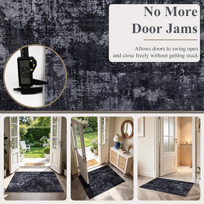 Sasttie 2x12 Soft Runner Rug for Entryway, Modern Abstract Washable Carpet for Hallway, Kitchen and Laundry Room, with Non-Slip Backing, Black and Grey