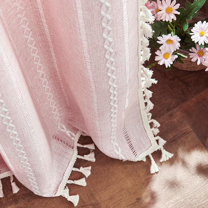 Linen Boho Pink Embroidered Curtains for Girls Bedroom & Nursery - 84" Long, 2 Panels, Light Filtering Farmhouse Drapes (52" W x 84" L)