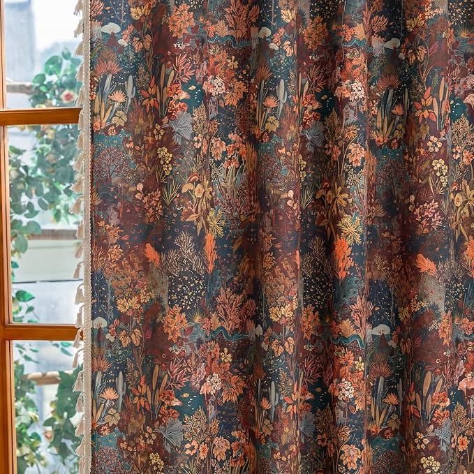 OYX Boho Floral Curtains 63 Inch, Linen Farmhouse Flower Drapes with Lace & Tassels, Light Filtering Semi Sheer Curtains for Living Room Bedroom, 2 Panels