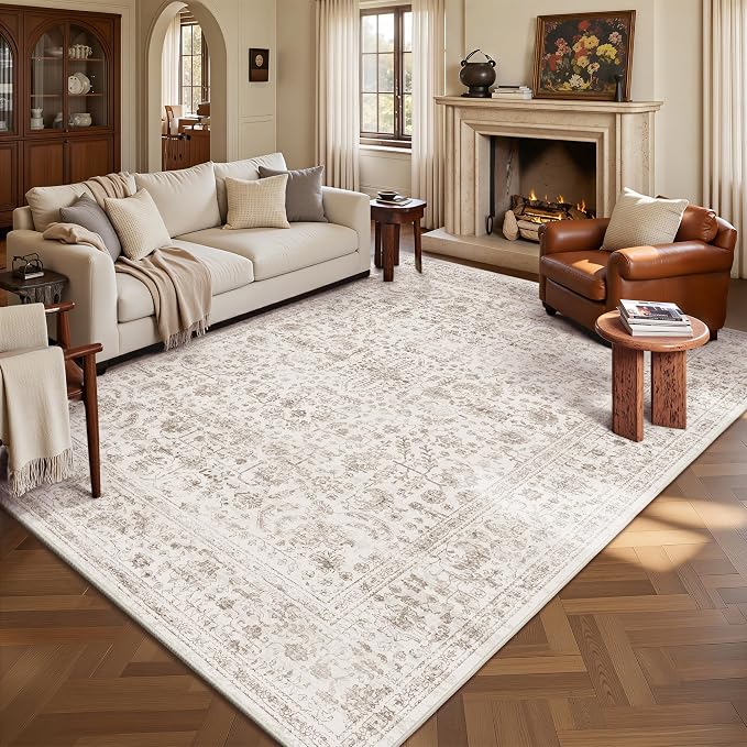 6x9 Area Rugs, Washable Vintage Retro Floral Rug for Living Room, Low Pile Non Slip Distressed Large Carpet for Bedroom, Dining Room, Office, Home (Light Brown)