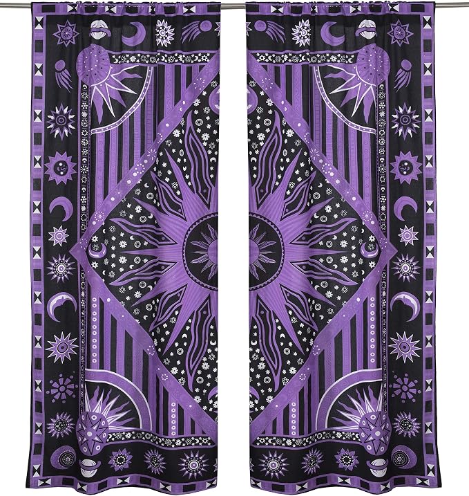 Popular Handicrafts Indian Burning Sun Hippie Mandala Window Curtains - Gypsy Bohemian Sun Moon Beautiful Drapery Bedroom Living Room Balcony Valance Panels Purple