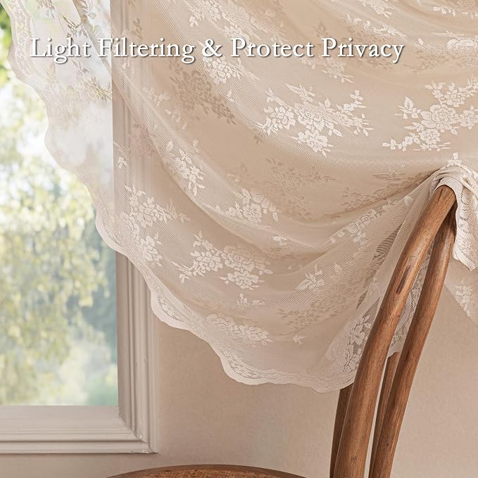 MEETSKY Beige Lace Sheer Curtains 90 Inches Long for Dining/Living Room Vintage Victorian Curtain French Elegant Rod Pocket Light Filtering Drapes, 50" Wide Each Panel, 2 Panels, Oatmeal Beige