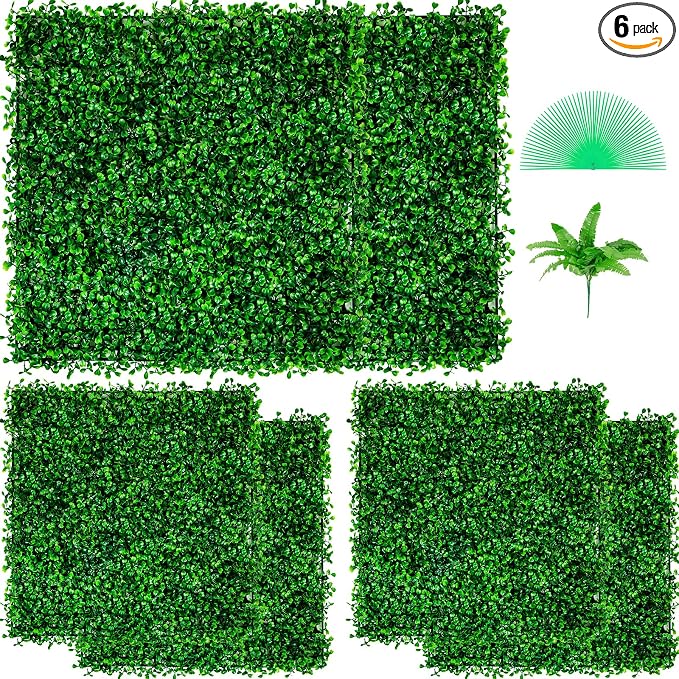 VEVOR Artificial Boxwood Panel 6pcs, 20 x 20 in 1.6 in Sun Protected Boxwood Hedge Wall Panels, Artificial Grass Backdrop Green Fake Wall for Privacy Fence Decor Indoor Outdoor Garden Backyard