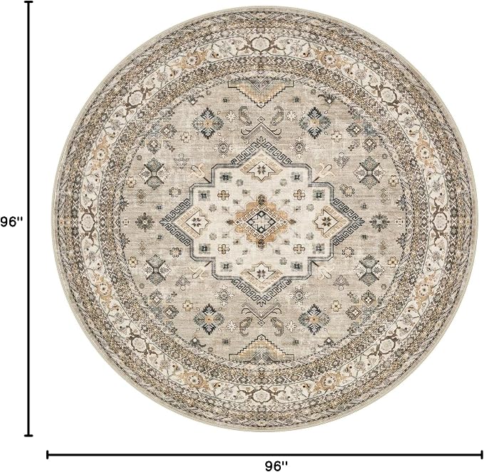 8ft Round Vintage Living Room Area Rug - 8x8 Large Soft Washable Oriental Traditional Distressed Farmhouse Rugs for Bedroom - Indoor Floor Accent Carpet for Home Office House Decor - Beige