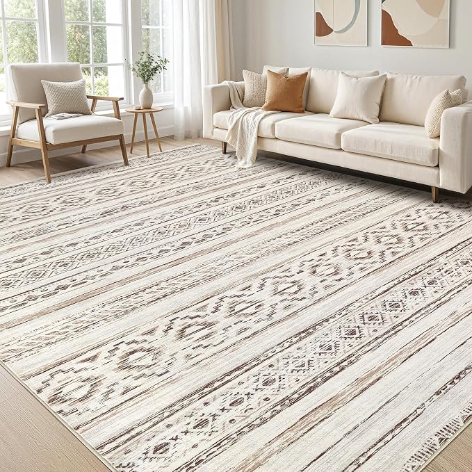 cotiled 5x8 Area Rugs Living Room Rug: Washable Boho Rugs with Non Slip Backing Large Soft Indoor Stain Resistant Carpet for Bedroom Farmhouse Dining Room Lightweight Home Decor Cream Brown