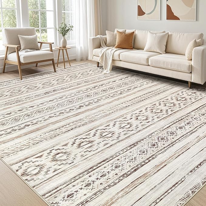 cotiled 10x14 Area Rugs Living Room Rug: Washable Boho Rugs with Non Slip Backing Large Soft Indoor Stain Resistant Carpet for Bedroom Farmhouse Dining Room Lightweight Home Decor Cream Brown