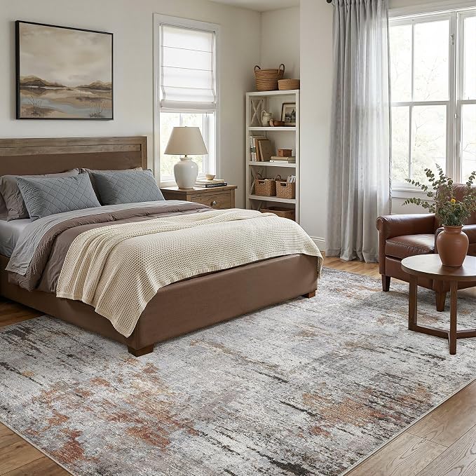 DMOYEST Area Rug Living Room Rugs - 8x10 Large Soft Indoor Neutral Modern Abstract Low Pile Washable Rug Carpet for Bedroom Dining Room Farmhouse Home Office - Grey Rust