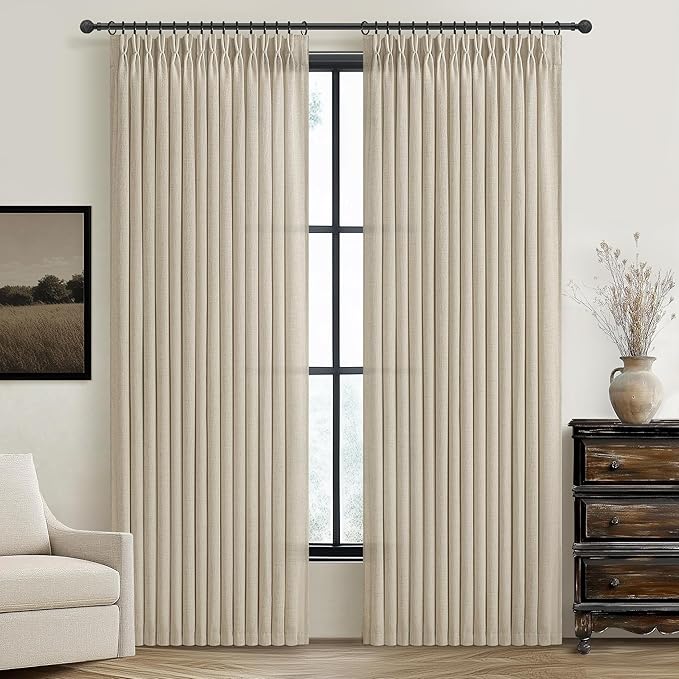 Pinch Pleated Natural Linen Curtains 94 Inches Long 2 Panels Set for Bedoom, Boho Memory Shape Burlywood Birch Semi Sheer Light Filtering Viral Curtain Warm Beige 94-96 Inch Length Windows Drapes Burg