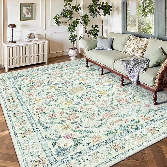 5x7 Area Rugs, Vintage Rugs for Bedroom, Indoor Non-Slip Washable Rug for Living Room, Dining Room, Low Pile Home Decor Floral Rug(Beige Bloom)