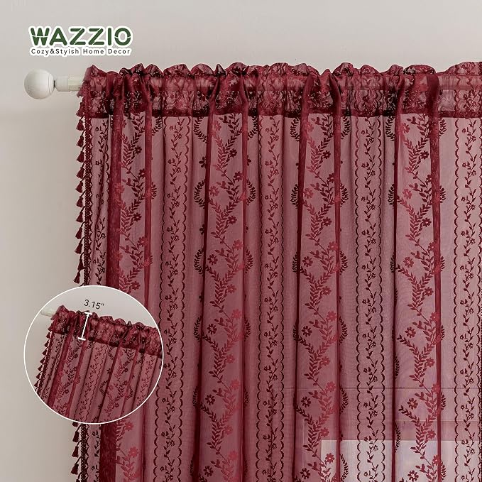 WAZZIO Boho Lace Curtains 2 Panels 84 Inch -Victorian Sheer Panel Drape French Country Floral Pattern & Tassel Light Filtering Privacy for Bedroom Dining Living Room,Burgundy Red,W52x L84