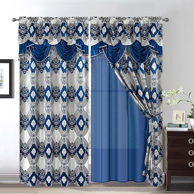 Petrichor Elegant Curtains with Gold Silver Threads 2 Panels Set - Luxury Window Treatment Attached Valance, Sheer Backing, and 2 Tie Backs for Bedroom and Living Room, 54x95 inches, Navy