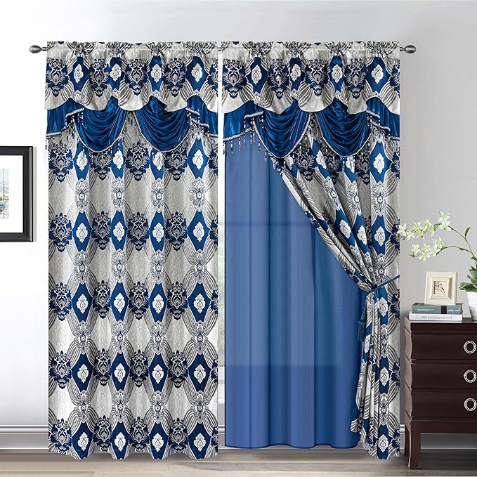 Petrichor Elegant Curtains with Gold Silver Threads 2 Panels Set - Luxury Window Treatment Attached Valance, Sheer Backing, and 2 Tie Backs for Bedroom and Living Room, 54x63 inches, Navy