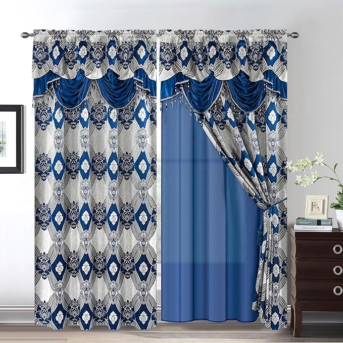 Petrichor Elegant Curtains with Gold Silver Threads 2 Panels Set - Luxury Window Treatment Attached Valance, Sheer Backing, and 2 Tie Backs for Bedroom and Living Room, 54x84 inches, Navy