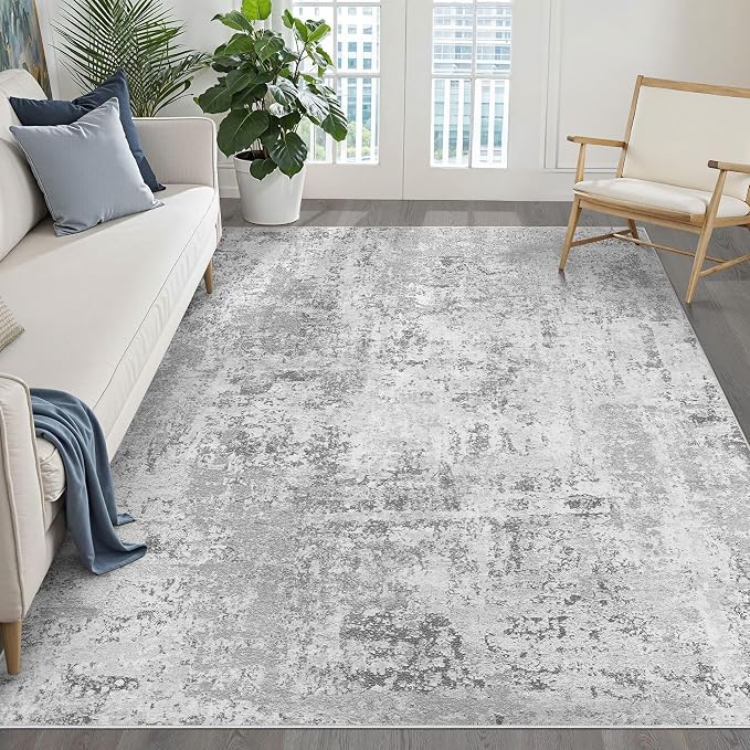 5x8 Area Rug Living Room: Washable Large Neutral Rug Abstract Soft Modern Stain Resistant Indoor Floor Non-Slip Carpet for Bedroom Nursery Kids Office Playroom Dining Room Under Table- Light Gray