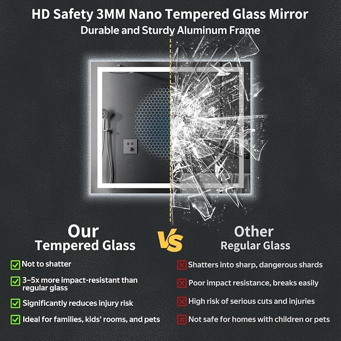 40"x32" LED Bathroom Mirror with Lights, Backlit + Front Lit with CRI>90, Lighted Mirror for Bathroom, Anti-Fog, Dimmable Brightness, 3 Colors, Memory Function, Shatterproof Tempered Glass