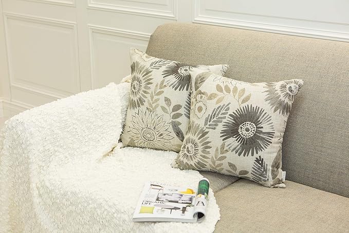 Mika Home Pack of 2 Decorative Throw Pillows Cases Cushion Cover for Sofa Couch Bed,Sunflower Pattern,20x20 Inches,Grey Cream