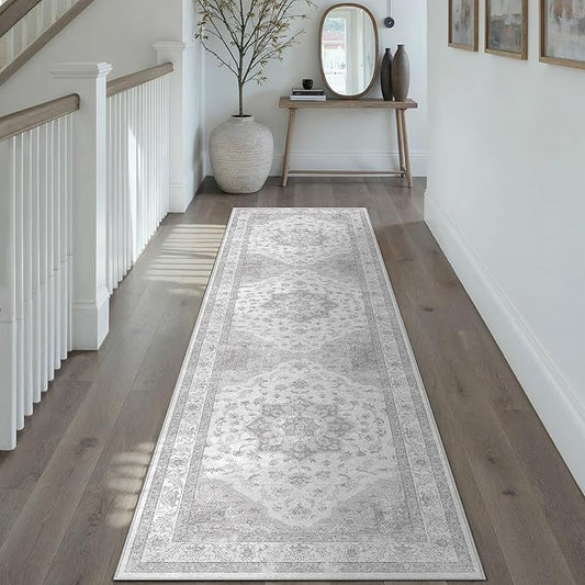 PureCozy Grey Gray Runner Rug 2x8 Washable Vintage Long Carpet for Hallway Kitchen Soft Retro Low Pile Thin Indoor Runner Non Slip Oriental Medallion Throw Rug for Bathroom Bedroom Laundry Dining Room
