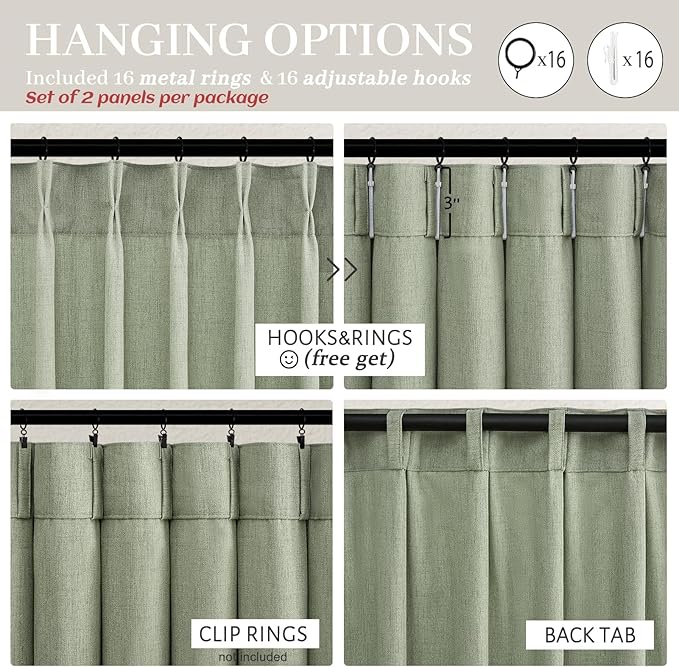 Extra Long Sage Green Thick Linen Sheer Curtains 108 Inches Long for Sliding Glass Door, Lush Decor Pinch Pleated Aesthetic Curtain with Hooks Rings & Back Tab 9 FT Bedroom Window Drapes 2 Panels Set