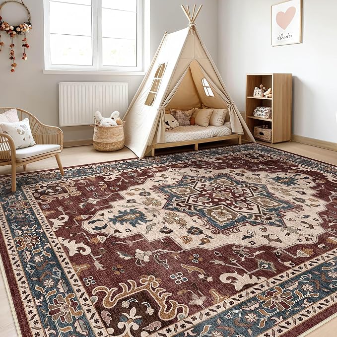 7x9 Area Rug Living Room: Washable Boho Large Neutral Vintage Soft Rug Stain Resistant Farmhouse Non-Slip Indoor Floor Retro Carpet for Bedroom Nursery Kids Office Dining Room- Burgundy