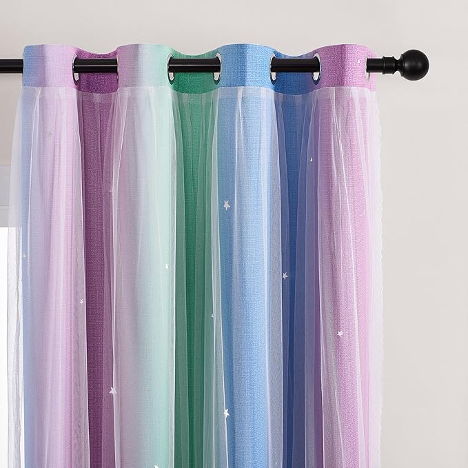 XiDi Blue & Rainbow Curtains for Kids & Girl Rooms - Blackout, Unicorn Wall Decals, 34x84 Inch, 1 Panel