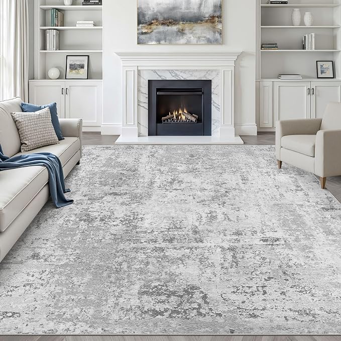 7x9 Area Rug Living Room: Washable Large Neutral Rug Abstract Soft Modern Stain Resistant Indoor Floor Non-Slip Carpet for Bedroom Nursery Kids Office Playroom Dining Room Under Table- Light Gray