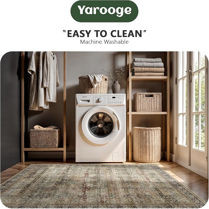 2x6 Hallway Runner Rug, Washable Vintage Retro Long Runner Rugs for Kitchen Laundry, Soft Ultra Thin Non Slip Low Pile Traditional Distressed Boho Carpet for Bedroom Bathroom, Charcoal Olive