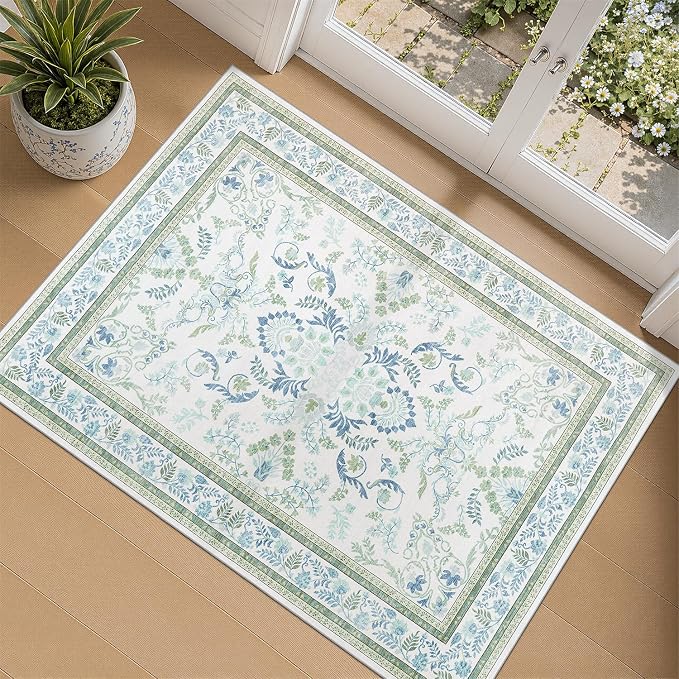 DCX Green 2x3 Entryway Rug, Kid & Pet Friendly with Rubber Back Non Slip, Machine Washable Stain Resistant Botanical Floral Rug for Bathroom, Kitchen, Soft Low Pile Small Carpet