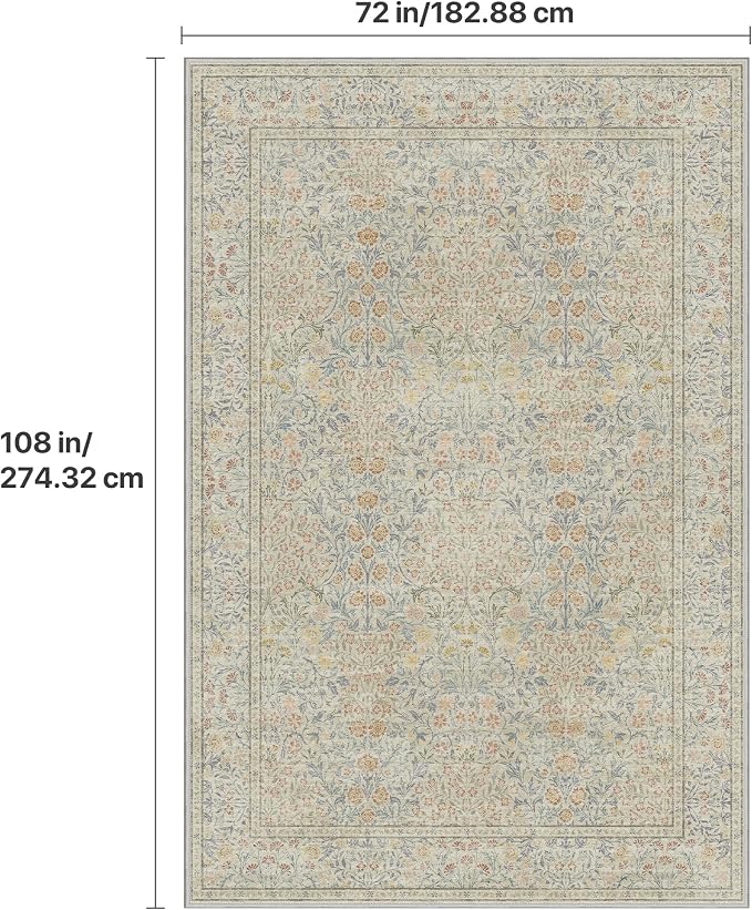 GENIMO 6x9 Area Rug for Living Room, Washable Vintage Floral Low-Pile Non-Slip Large Carpet for Bedroom Dining Room, Stain Resistant Botanical Indoor Rug (Beige)