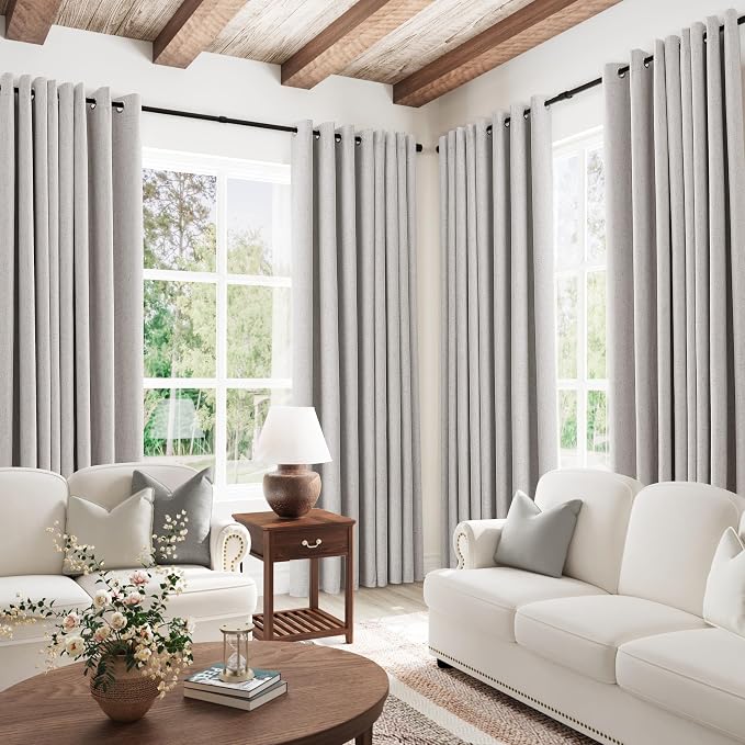 Jowels Silver Linen Blackout Curtains 96 Length 2 Panels Set for Living Room Bedroom, 100% Black Out Thermal Insulated Linen Drapes, Room Darkening Grommet Curtains 96 Inches Long