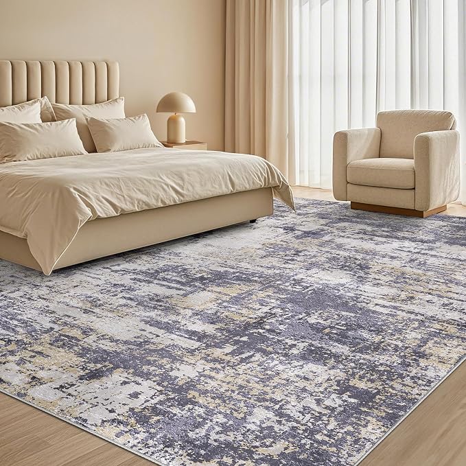Tortania Area Rug Living Room Rugs - 7x9 Modern Abstract Neutral Large Soft Thin Rugs - Non Slip Indoor Carpet for Bedroom Dining Room Office Nursery Home Floor Decoration - Purple