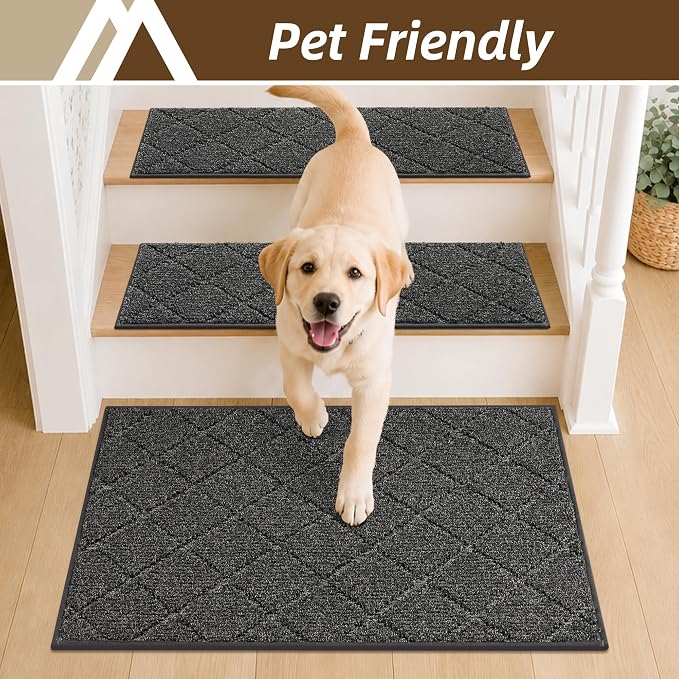 COSY HOMEER Edging Stair Treads Non-Slip Corner Indoor Stair Runners for Wooden Steps,Landing Slip Resistant Stair Rugs for Kids and Dogs, 100% Polyester TPE Backing,Black,20"X32"