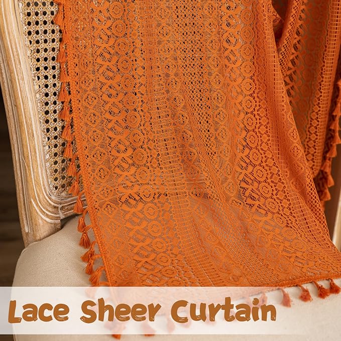 Sutuo Home Terracotta Boho Doorway Curtains for Front Door Closet,Lace Sheer Door Curtains for Doorway Crochet Vintage Chic Tassels Orange Bohemian Privacy Temporary Room Divider Rod Pocket,37" x 80"